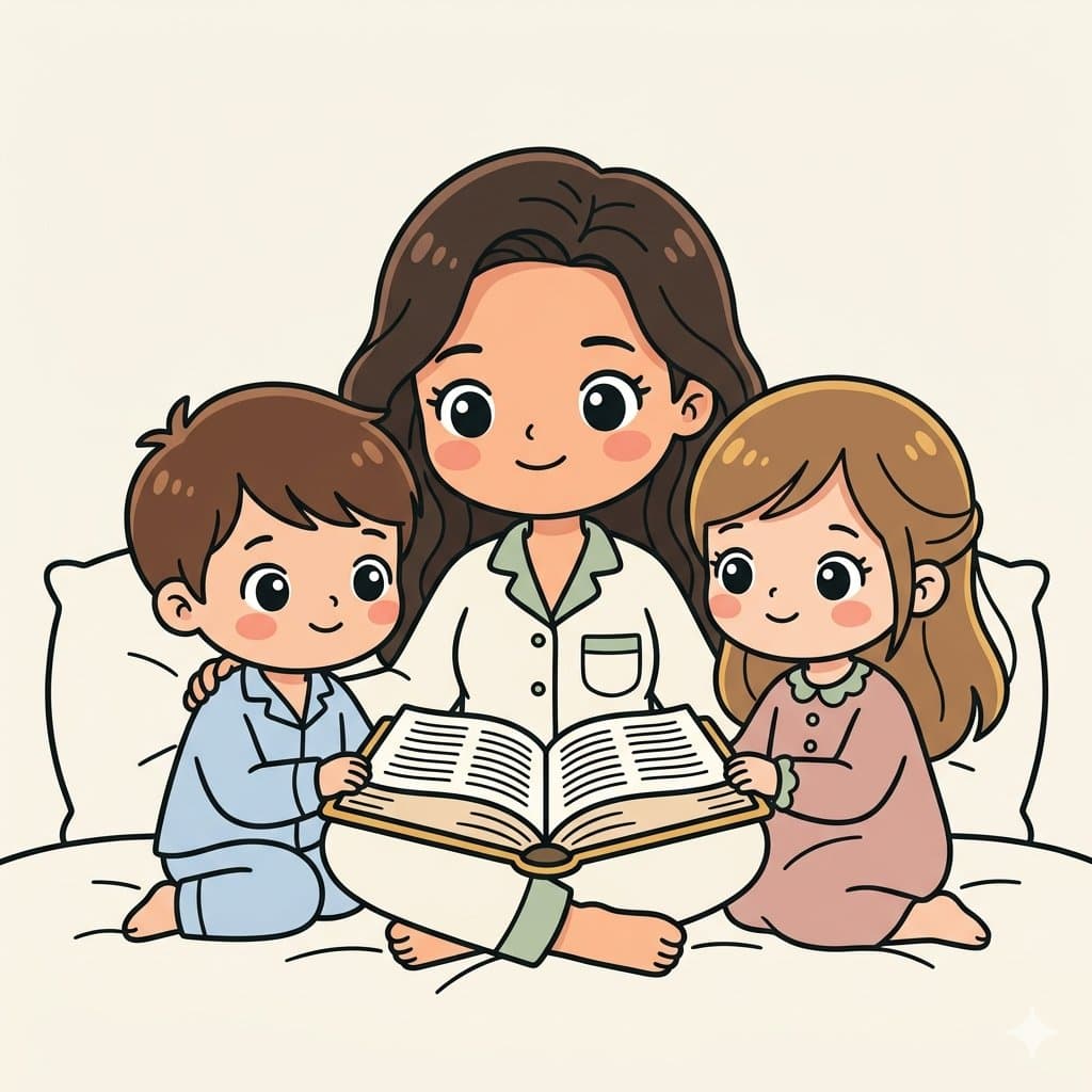 Mãe lendo a Bíblia com seus dois filhos